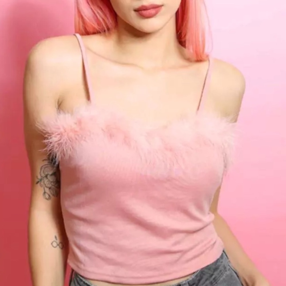 Pink feather boa marabou trim tank top cami shirt club festival rave dancer cute - Picture 6 of 8